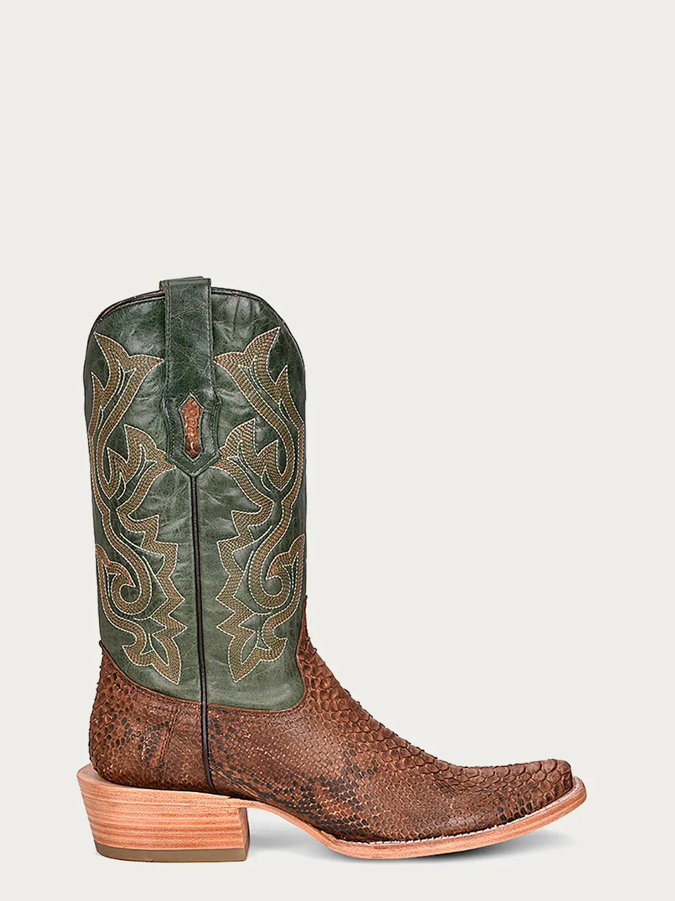 A4287 - MEN'S EMBROIDERY GENUINE BROWN PYTHON VAMP WIDE SQUARE TOE GREEN COWBOY BOOT