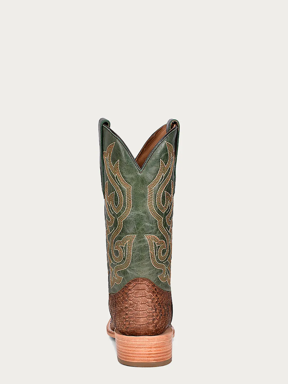 A4287 - MEN'S EMBROIDERY GENUINE BROWN PYTHON VAMP WIDE SQUARE TOE GREEN COWBOY BOOT