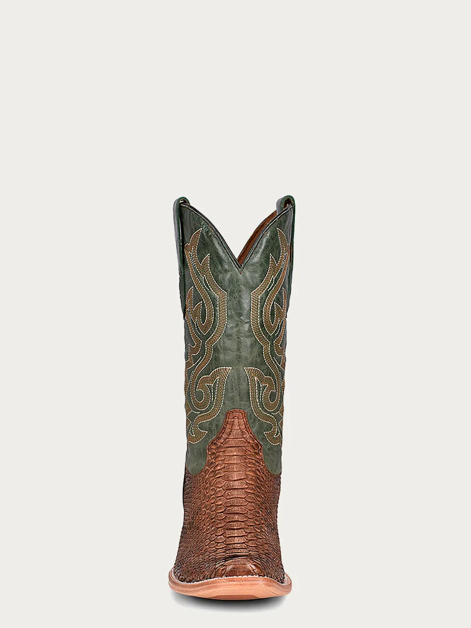 A4287 - MEN'S EMBROIDERY GENUINE BROWN PYTHON VAMP WIDE SQUARE TOE GREEN COWBOY BOOT