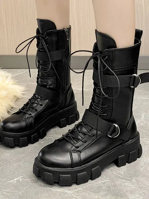 Biker Girl's Boots 2023 New Lace-Up Platform Shoes Leather Boots Women