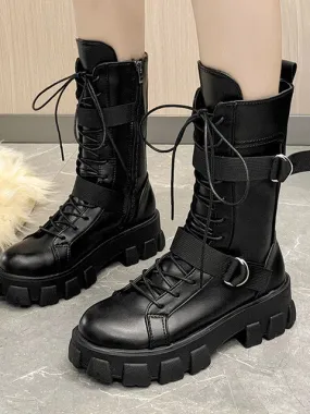 Biker Girl's Boots 2023 New Lace-Up Platform Shoes Leather Boots Women