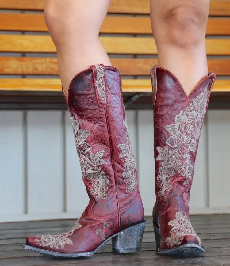 Women's Ethnic Patchwork Embroidery Low Heels Cowboy Knee High Boots