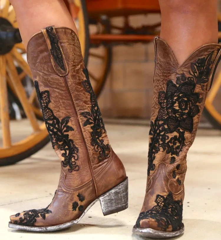 Women's Ethnic Patchwork Embroidery Low Heels Cowboy Knee High Boots