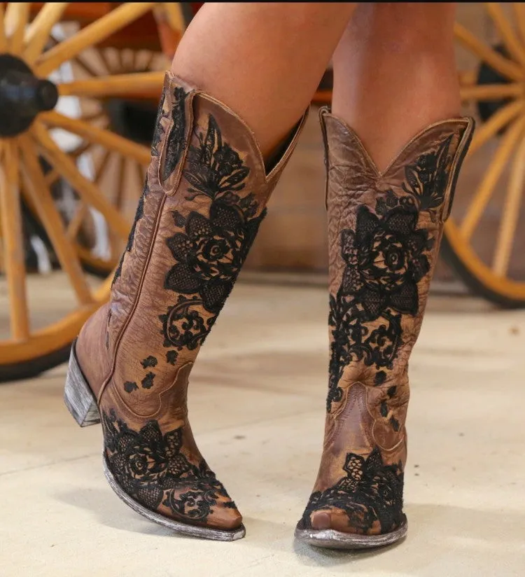 Women's Ethnic Patchwork Embroidery Low Heels Cowboy Knee High Boots