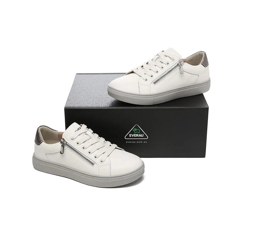 EVERAU Women Leather Zip Decor Low-top White Sneakers Chloe