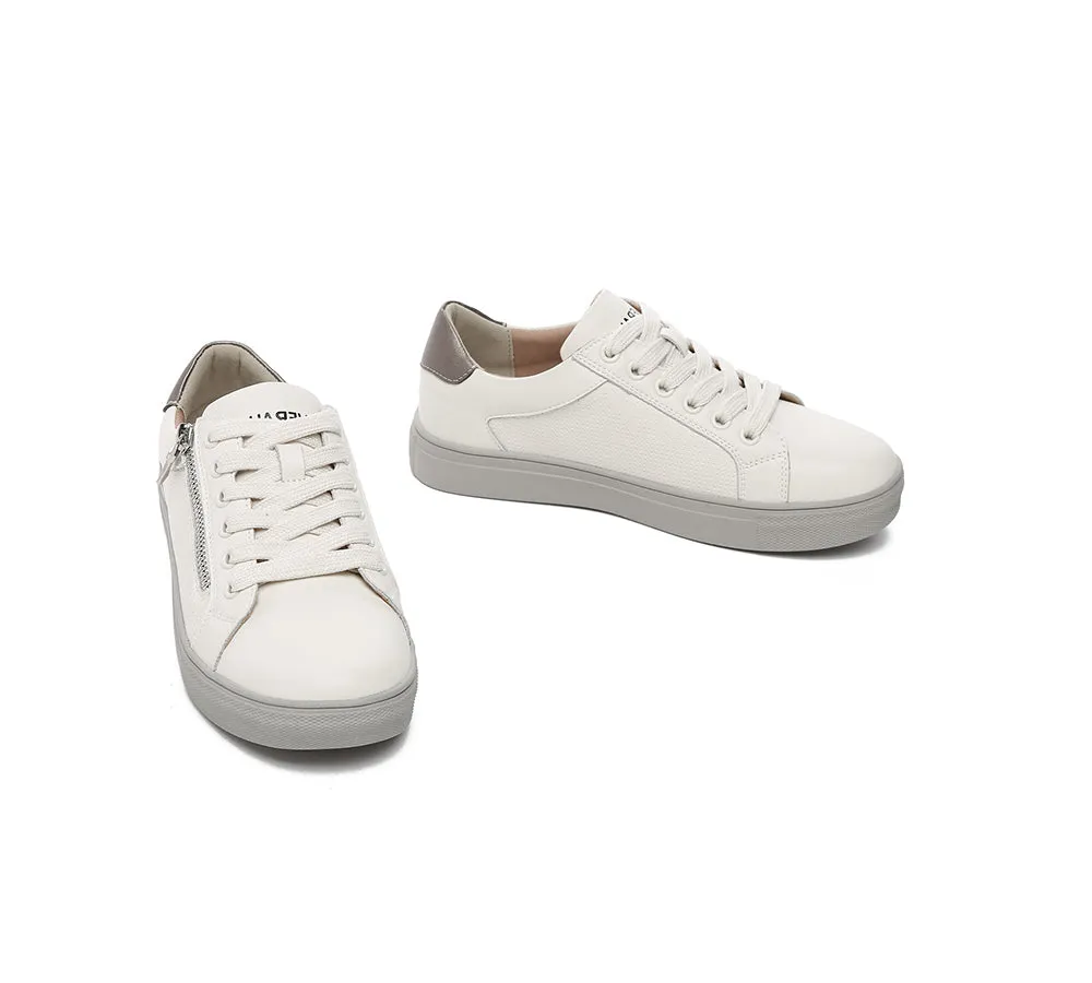 EVERAU Women Leather Zip Decor Low-top White Sneakers Chloe