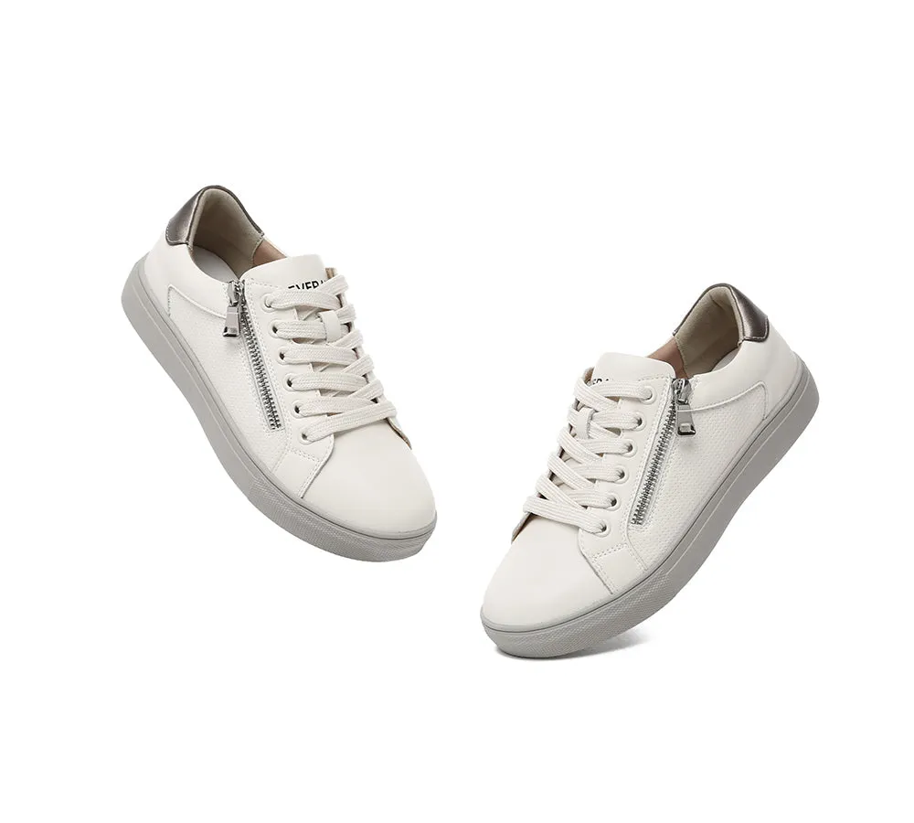 EVERAU Women Leather Zip Decor Low-top White Sneakers Chloe