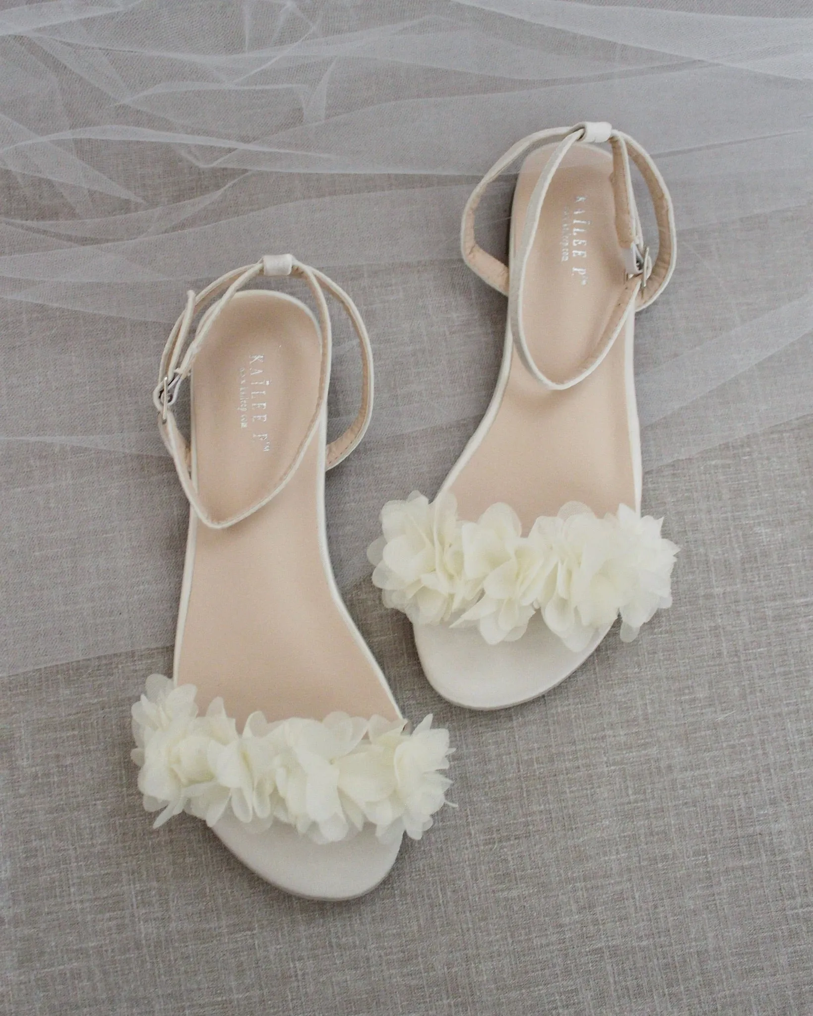 Ivory Satin Flat Sandal with Chiffon Flowers and Ankle Strap