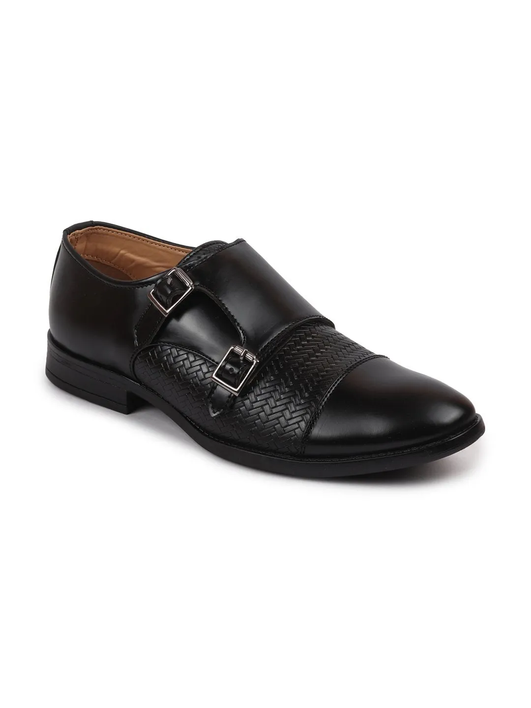 Men Black Monk Double Strap Formal Shoes with TPR Welted Sole