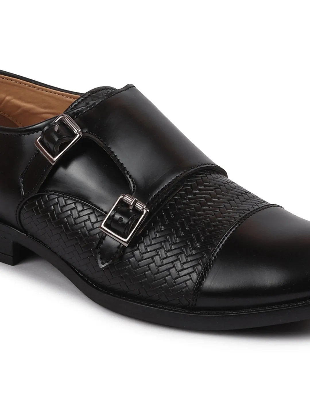 Men Black Monk Double Strap Formal Shoes with TPR Welted Sole