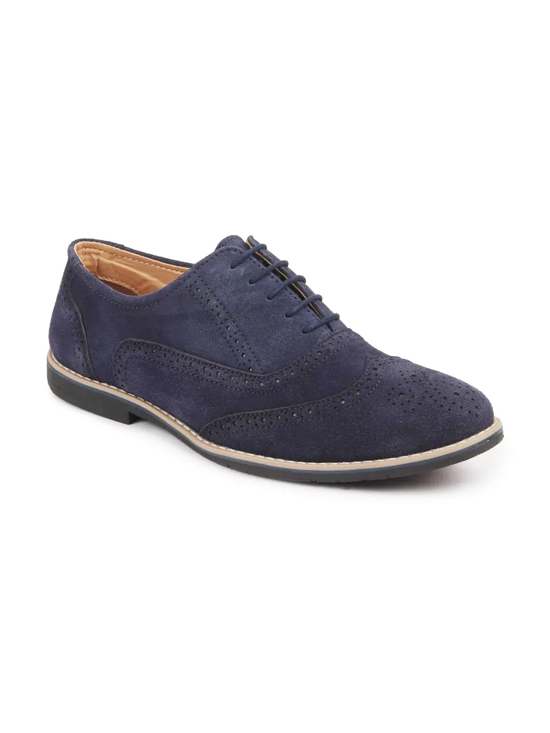 Men Navy Suede Leather Brogue Shoes with TPR Welted Sole