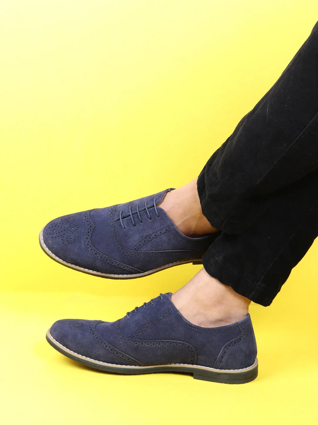 Men Navy Suede Leather Brogue Shoes with TPR Welted Sole