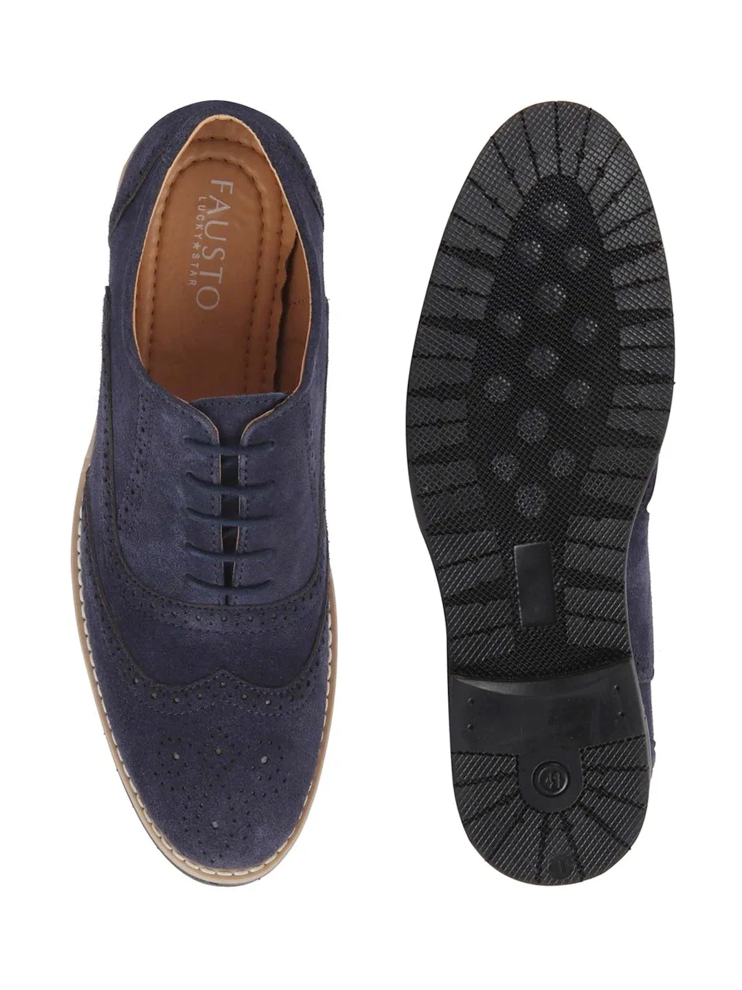 Men Navy Suede Leather Brogue Shoes with TPR Welted Sole