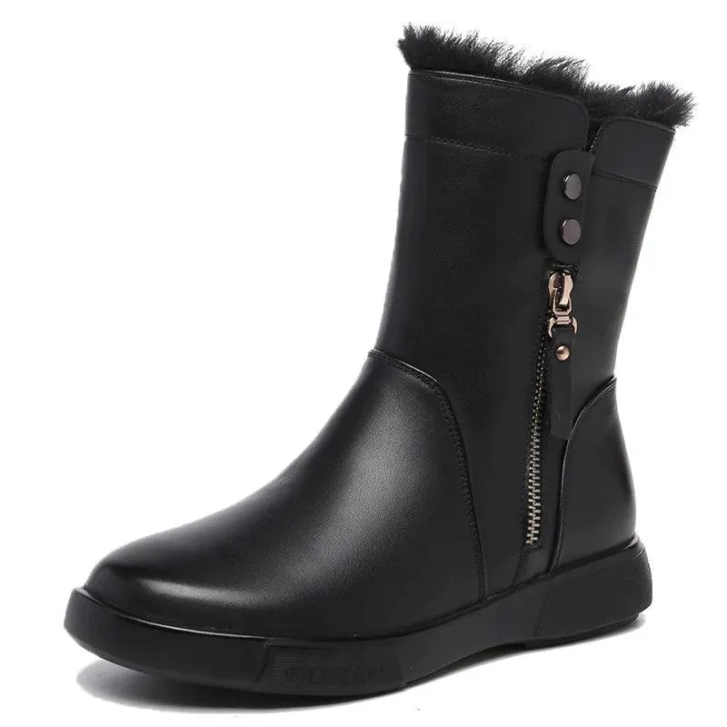 Non-Slip Leather Flat Mid-Calf Boots Women's Casual Shoes EK141