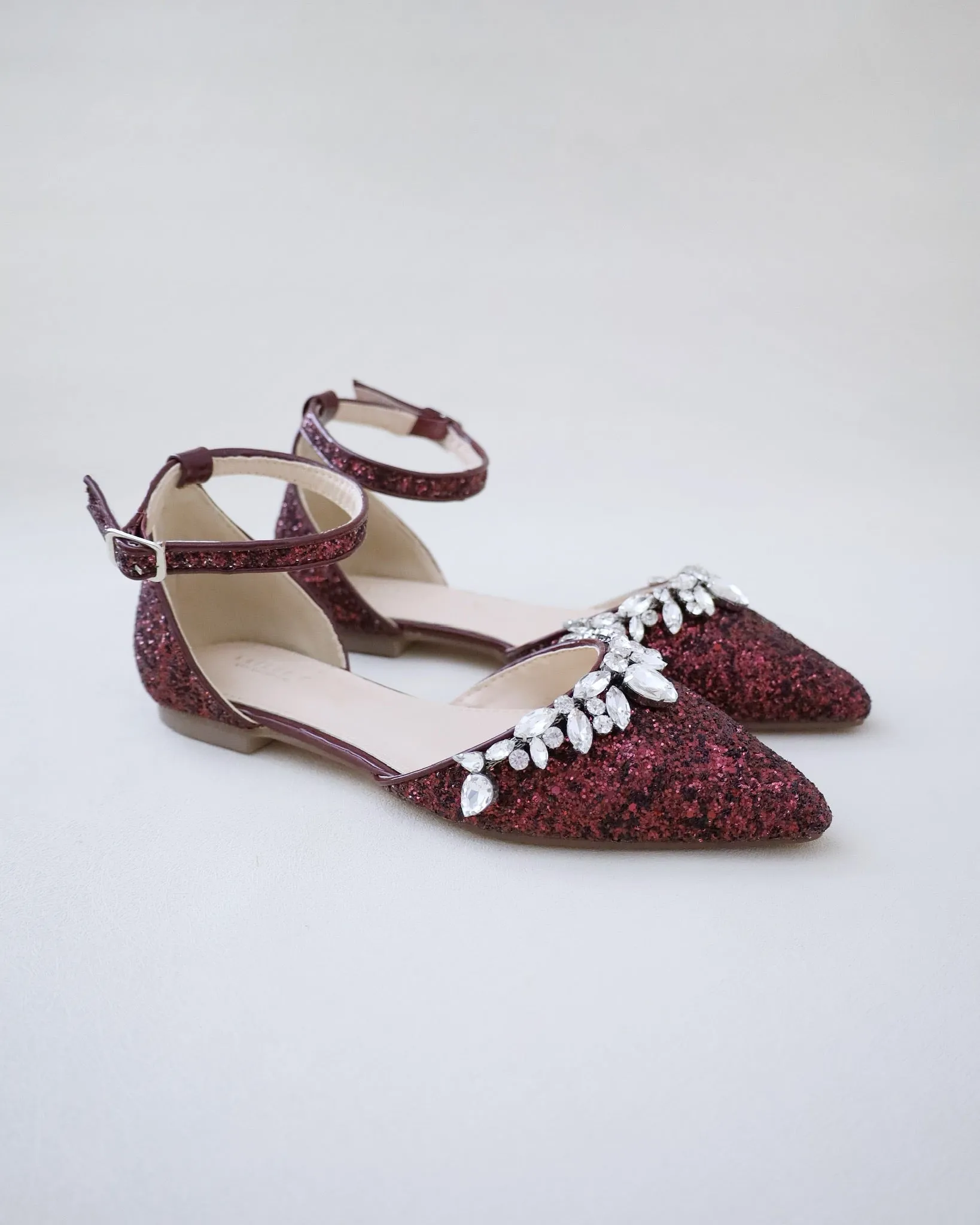 Burgundy Pointy Toe Glitter Ankle Strap Flats with Teardrop Rhinestones