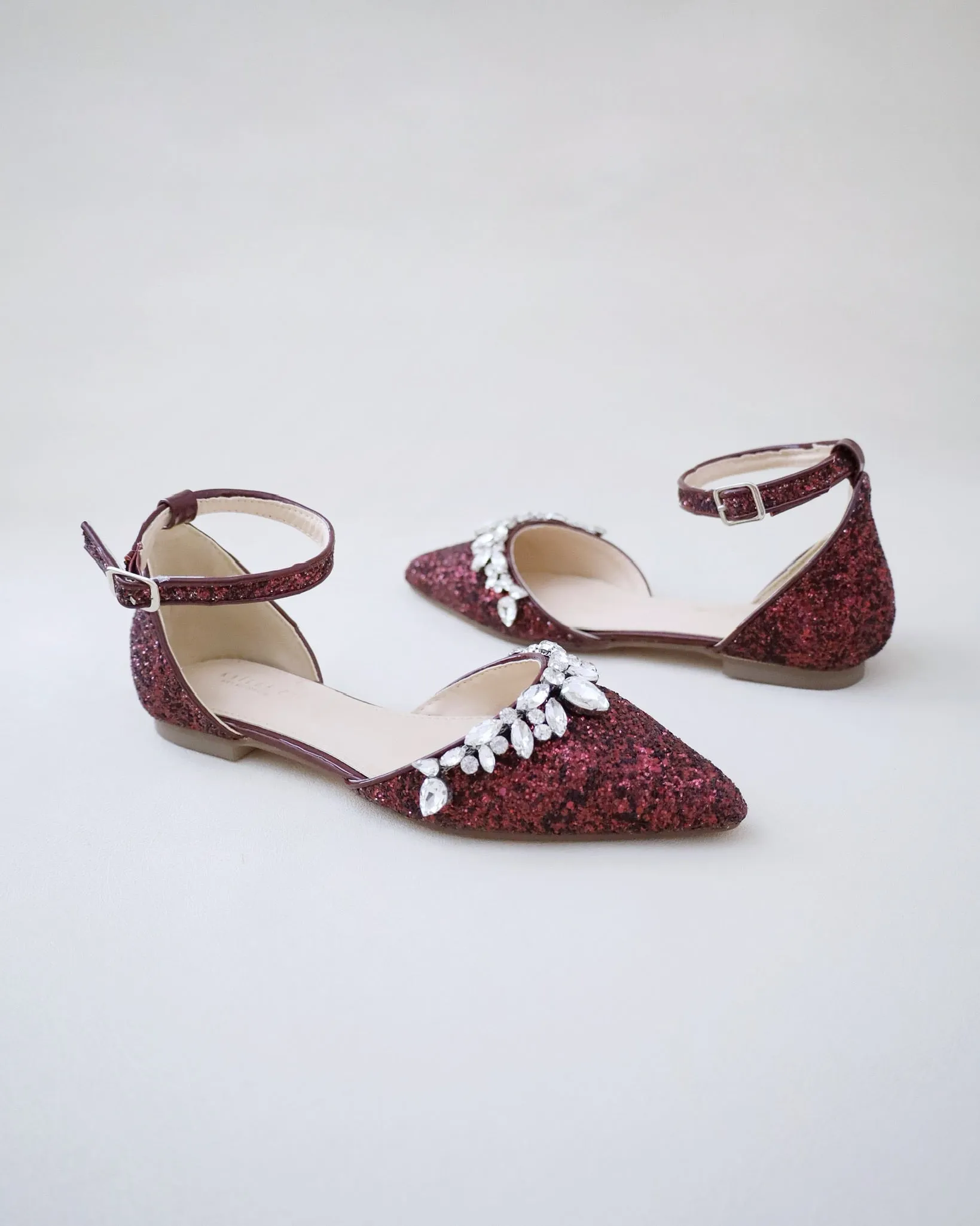 Burgundy Pointy Toe Glitter Ankle Strap Flats with Teardrop Rhinestones