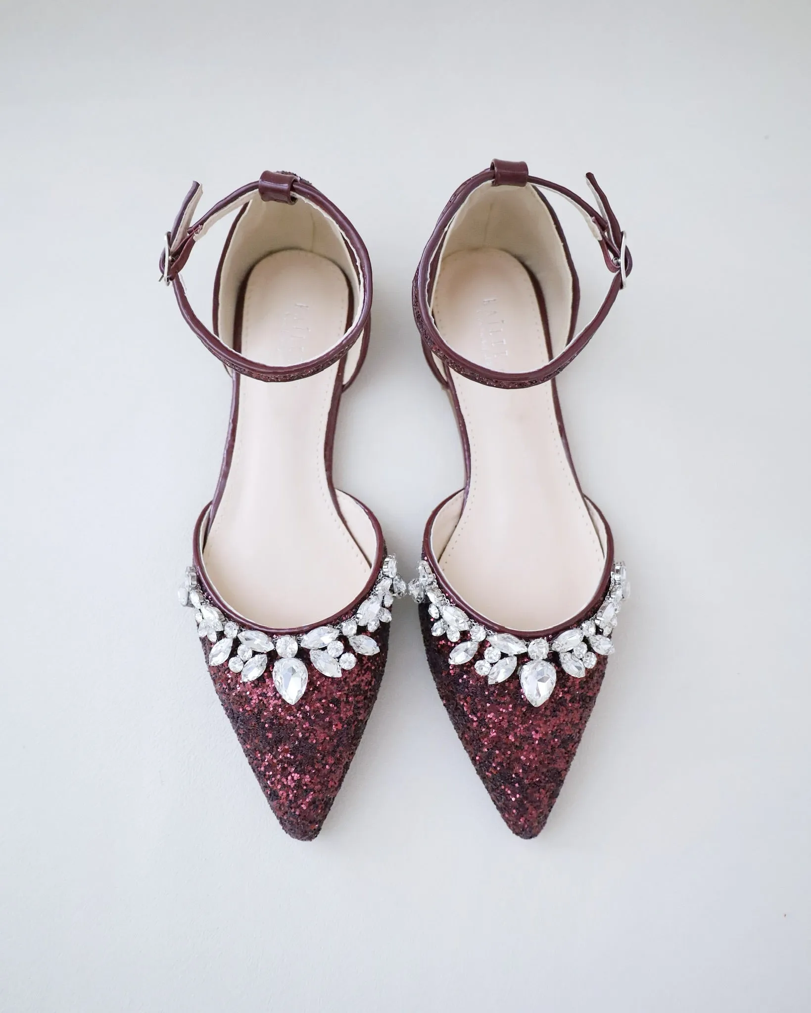 Burgundy Pointy Toe Glitter Ankle Strap Flats with Teardrop Rhinestones