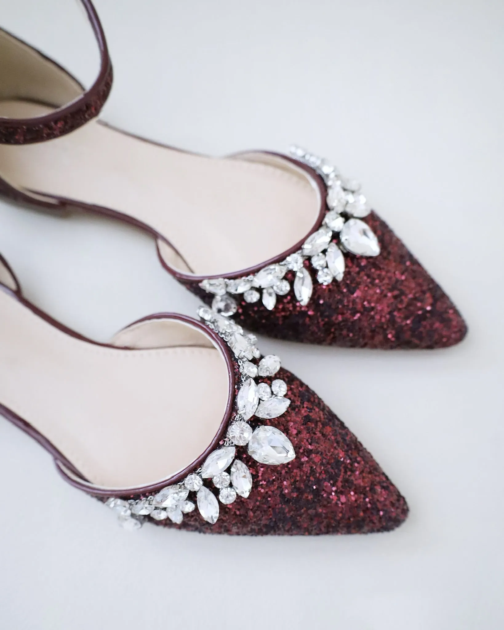 Burgundy Pointy Toe Glitter Ankle Strap Flats with Teardrop Rhinestones