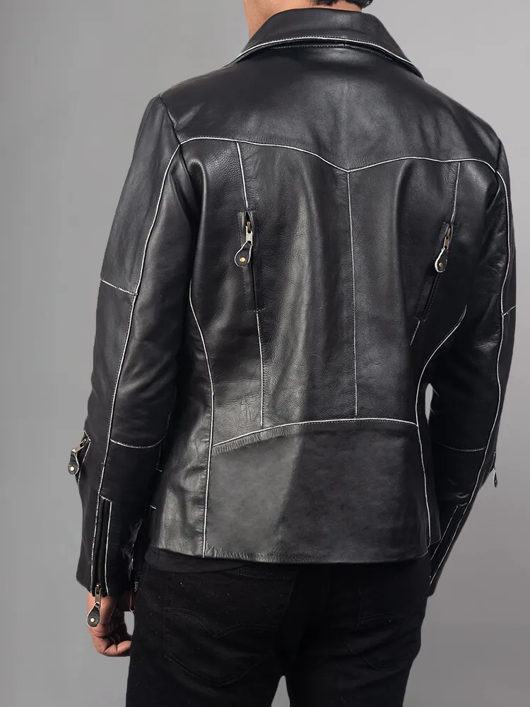 Waxed Natural Pebbled Cowhide Cafe Leather Jacket