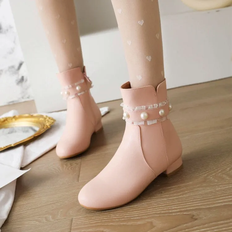 Women's Side Zippers Lace Pearls Low Heels Short Boots