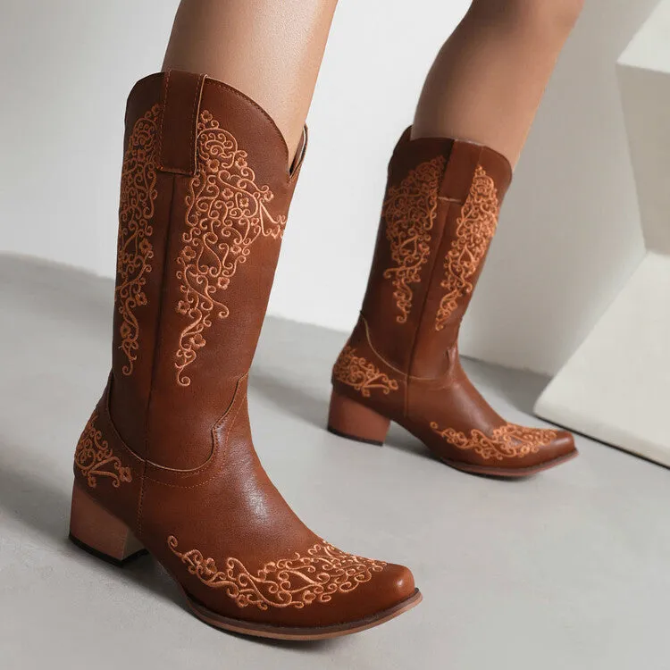 Women's Ethnic Pu Leather Pointed Toe Patchwork Embroidery Low Heels Cowboy Mid-calf Boots